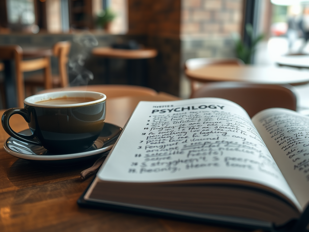 Чашка кофе рядом с открытой книгой по психологии на деревянном столе в кафе. Пар поднимается от кофе.