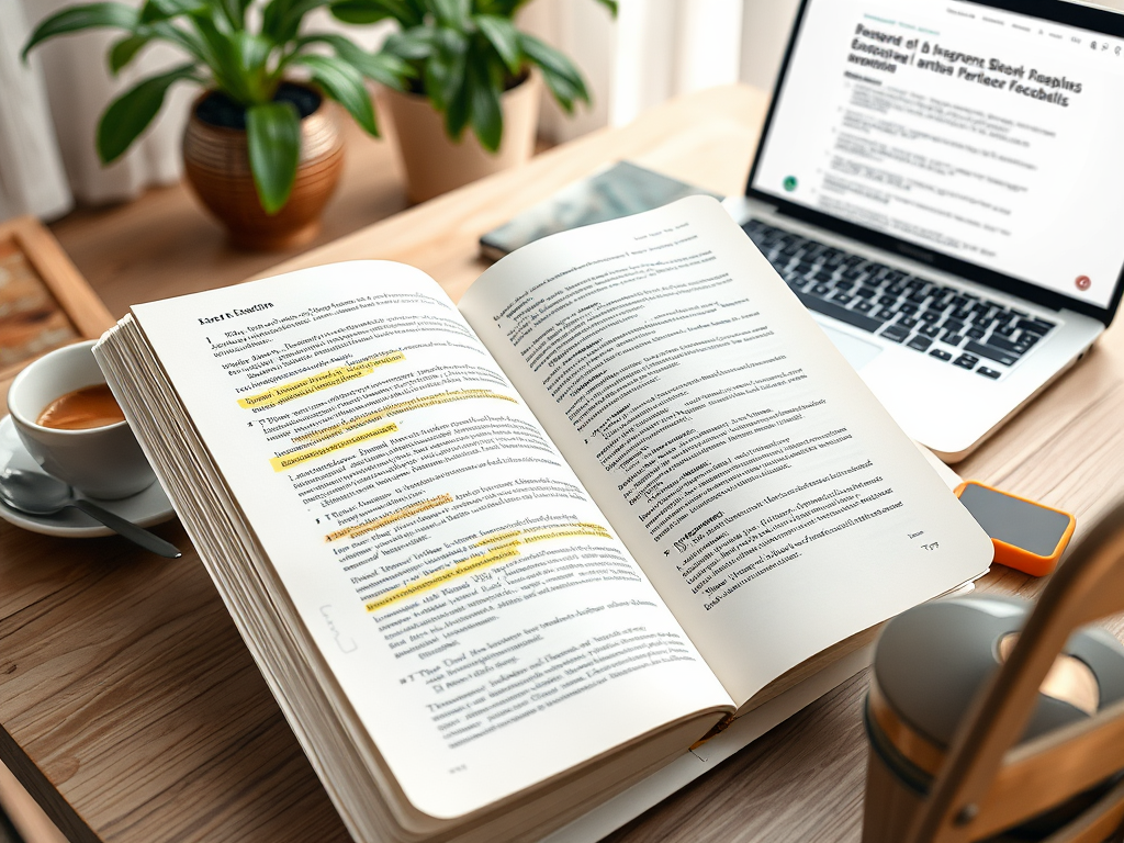 На столе открытая книга сHighlighted текстом, рядом чашка кофе и ноутбук с экраном. зелёные растения в горшках.
