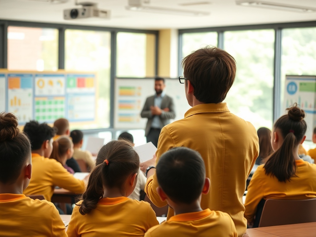 На занятии группа детей в желтых рубашках слушает выступление преподавателя. Обсуждаются графики и данные.