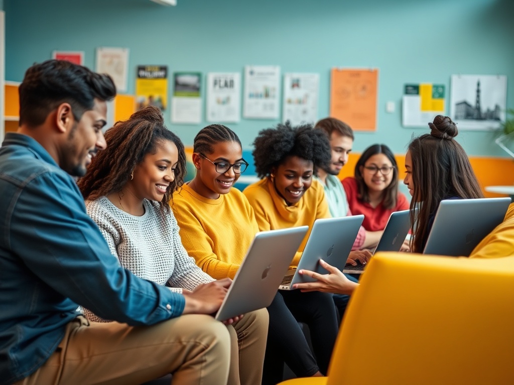 Группа молодых людей сидит вместе, улыбается и работает на ноутбуках в ярком помещении.