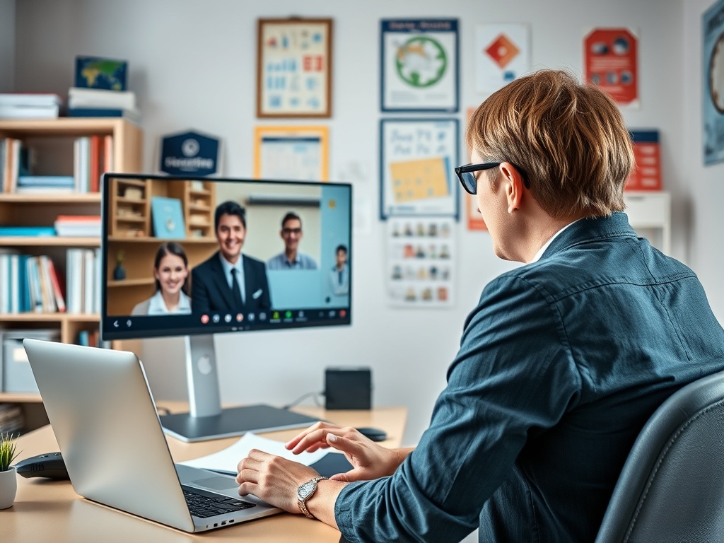 Человек в очках участвует в видеозвонке на компьютере, смотря на экран с тремя собеседниками.