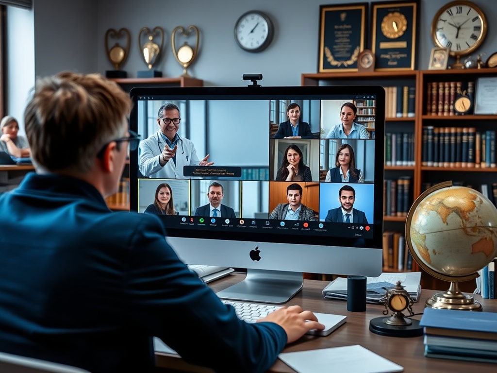 На изображении человек участвует в видеозвонке с несколькими участниками в офисной обстановке.