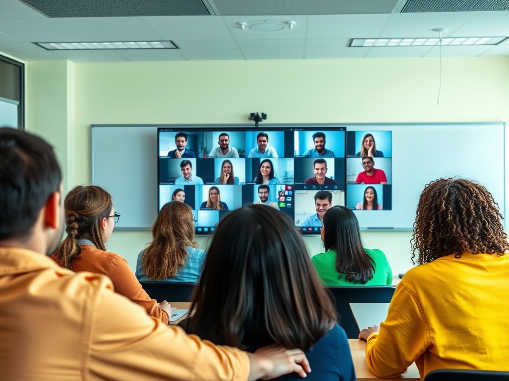 Студенты участвуют в онлайн-занятии, смотря на экран с видеозвонком и общаясь друг с другом.