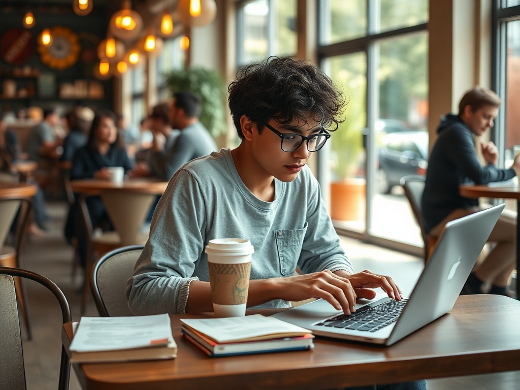 Молодой человек с каштановыми волосами в очках работает за ноутбуком в кафе с напитком и книгами.