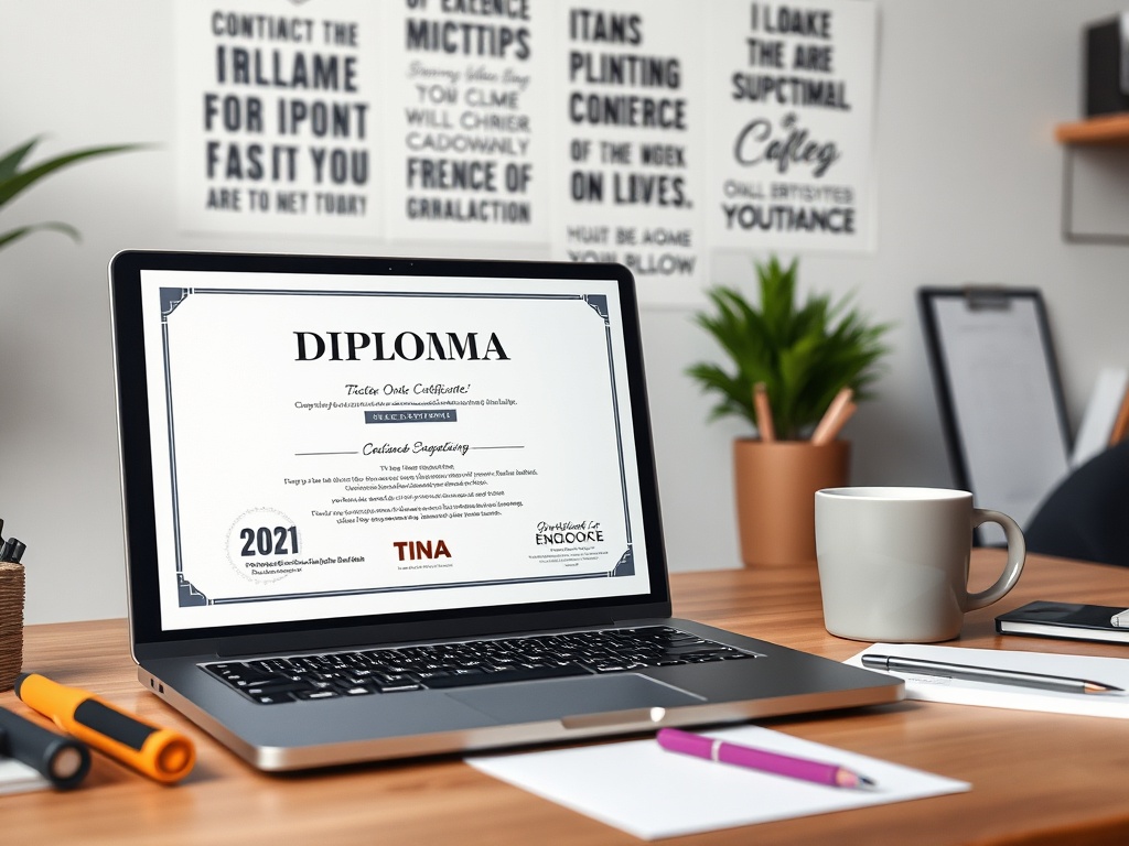 На экране ноутбука сертификат с текстом "DIPLOMA" и именем "TINA". На столе чашка и канцелярия.