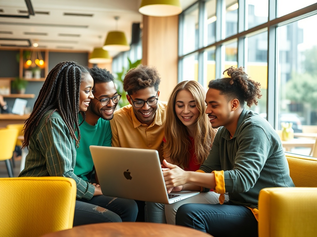 Группа друзей с улыбками смотрит на экран ноутбука в уютном кафе.