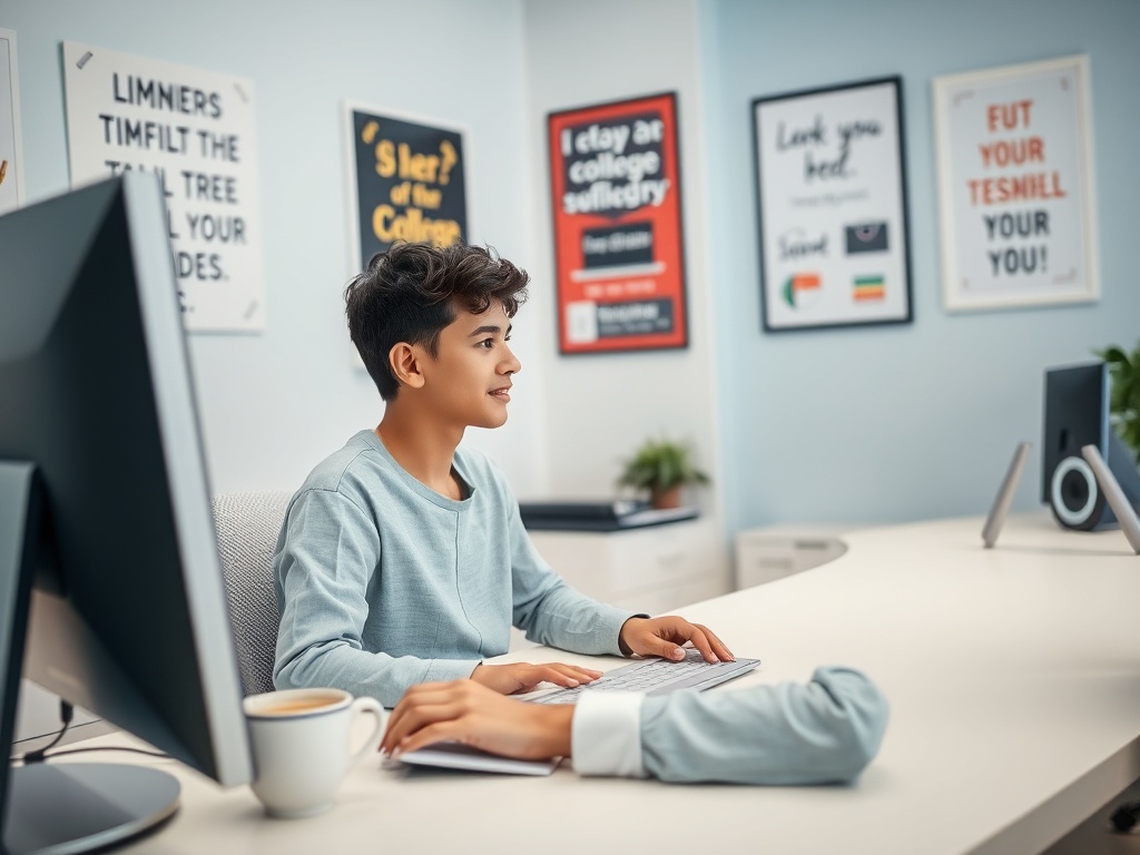 Мальчик в светлой кофте сидит перед компьютером, работает и ухаживает за своим столом. На стене плакаты.