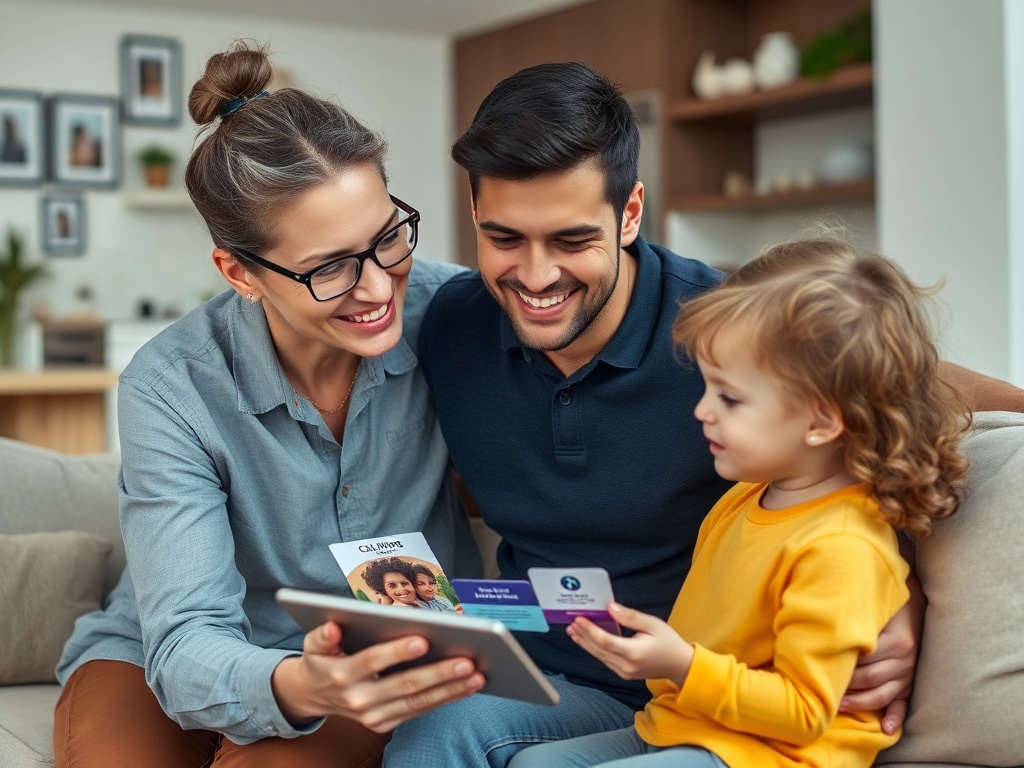 Счастливая семья смотрит на планшет и обсуждает карточки, сидя на диване в уютной гостиной.