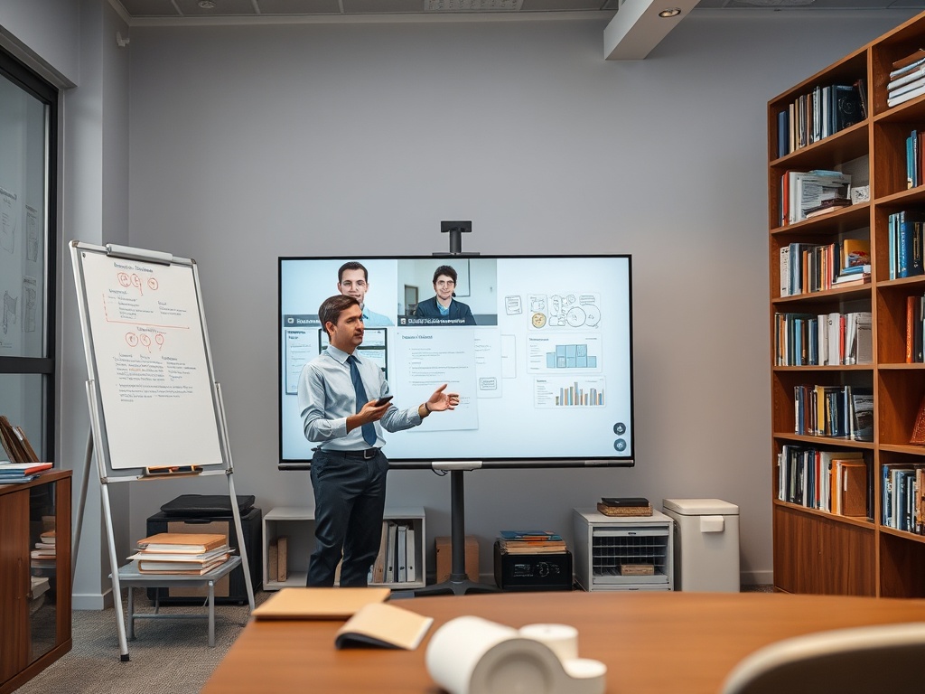 Мужчина в деловом костюме проводит презентацию в конференц-зале с экраном и доской для заметок.