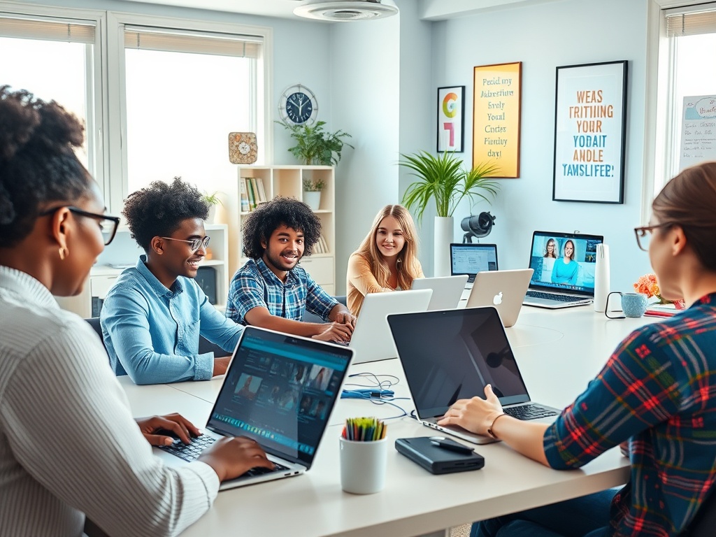 Группа людей за столом на встрече, работают за ноутбуками и обсуждают идеи в светлом офисе.