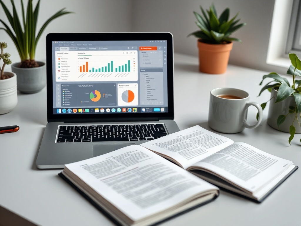 На столе лежит открытая книга, ноутбук с графиками и чашка кофе, окруженные растениями.