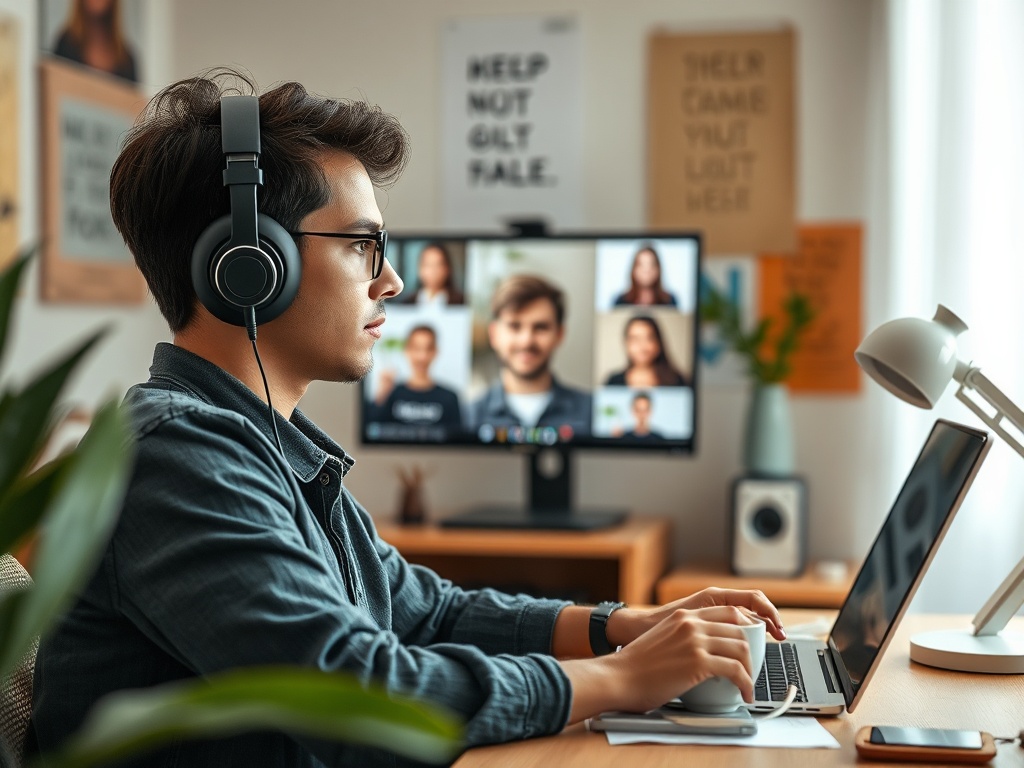 Молодой человек в наушниках работает на ноутбуке, участвуя в видеозвонке с несколькими участниками.