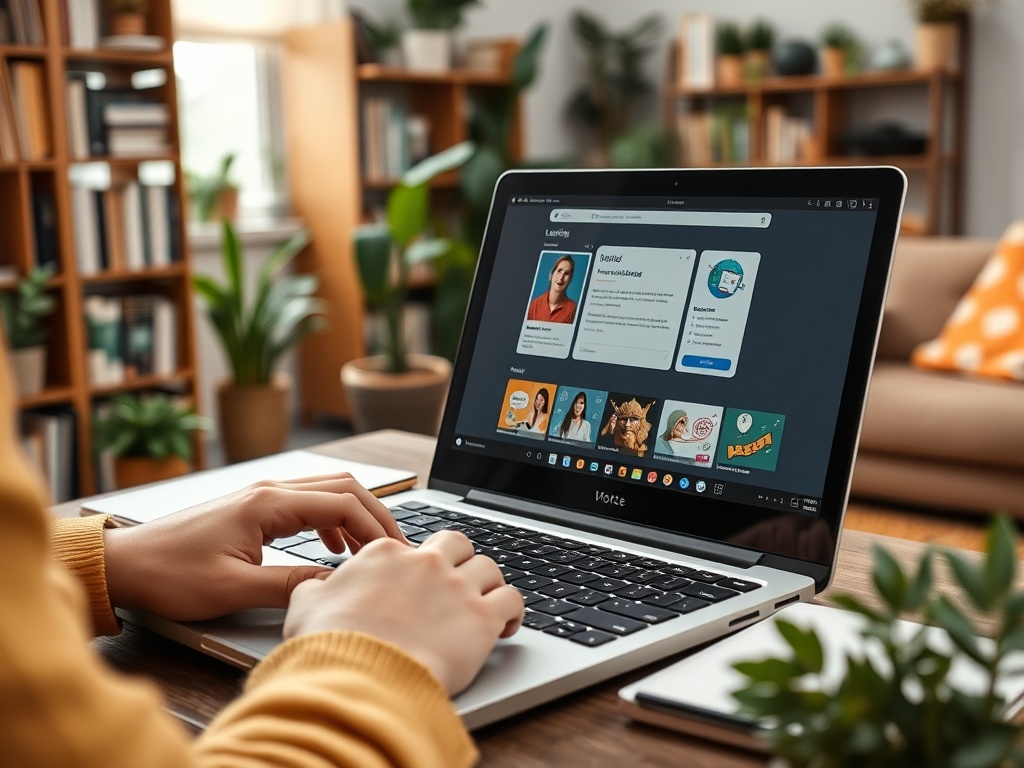 Человек сидит за столом и работает на ноутбуке, окруженный растениями и книгами.