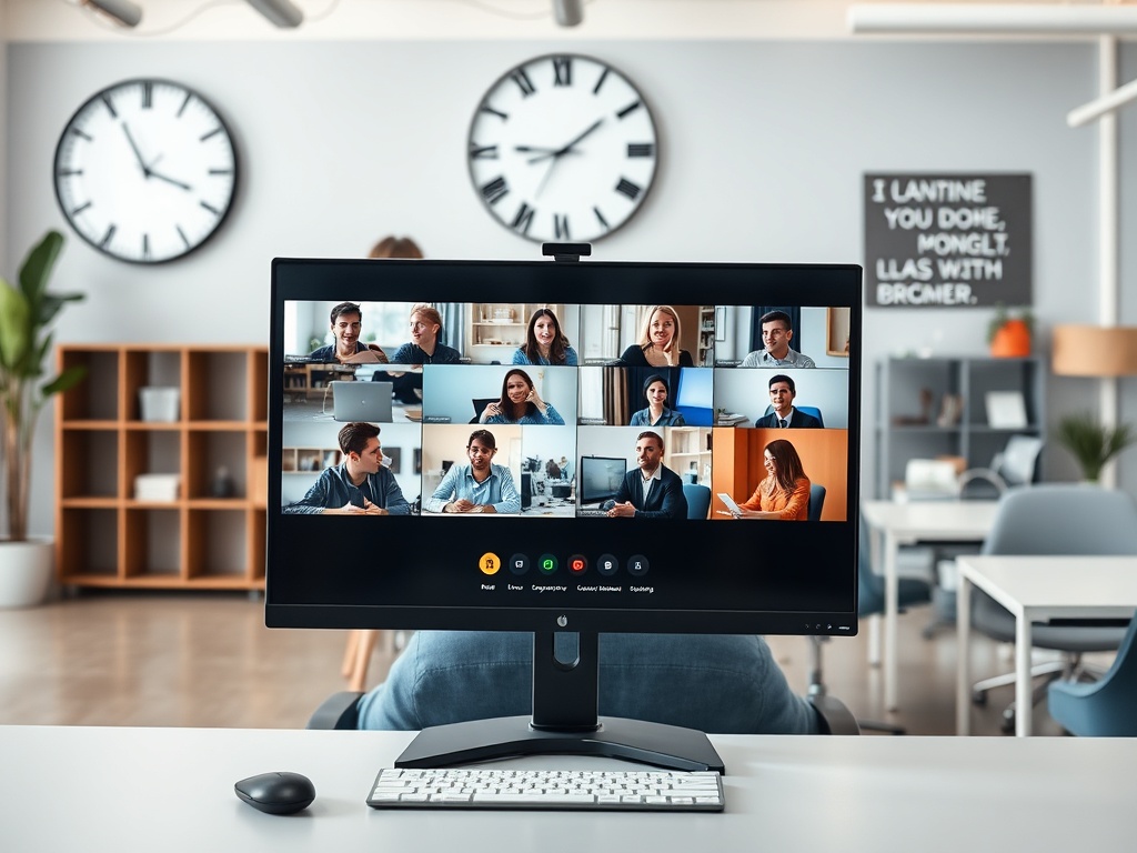 На экране компьютера Zoom-встреча с девятью участниками в офисной обстановке. Часы на стене.