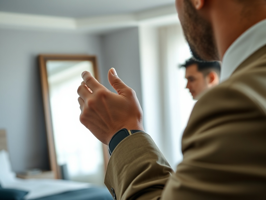 Два человека в костюмах в комнате, один из них смотрит в зеркало и готовится к важному событию.