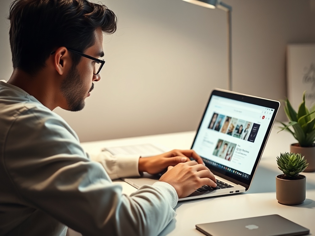 Молодой человек за ноутбуком, работает с документами на столе, рядом маленький кактус.