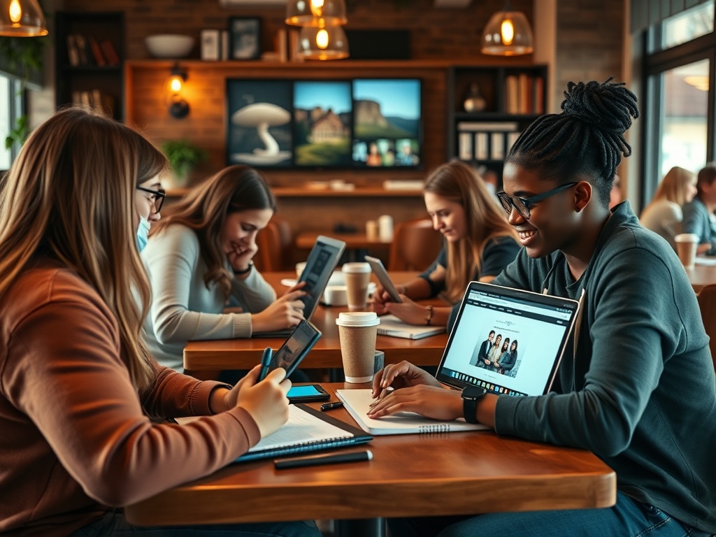 Группа студентов за столом в кафе, работающих на ноутбуках и планшетах, обсуждают проекты и делятся идеями.