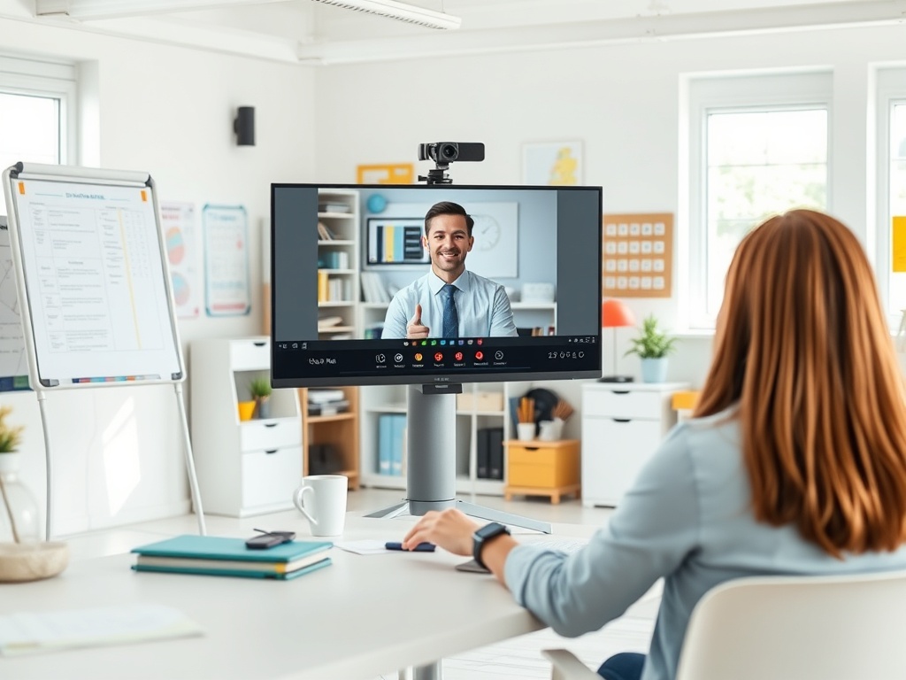 На изображении показан человек, проводящий видеозвонок в офисе, улыбается и показывает жест "лайк".