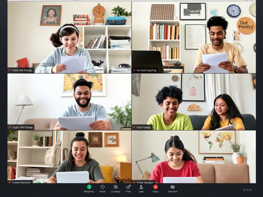 Группа людей на видеозвонке, читающих документы и улыбающихся друг другу. Уютное домашнее окружение.