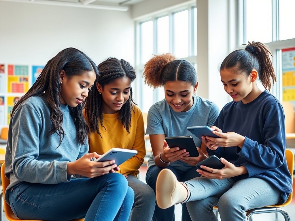 Четыре девушки сидят вместе в классе, увлеченно смотря в свои смартфоны.