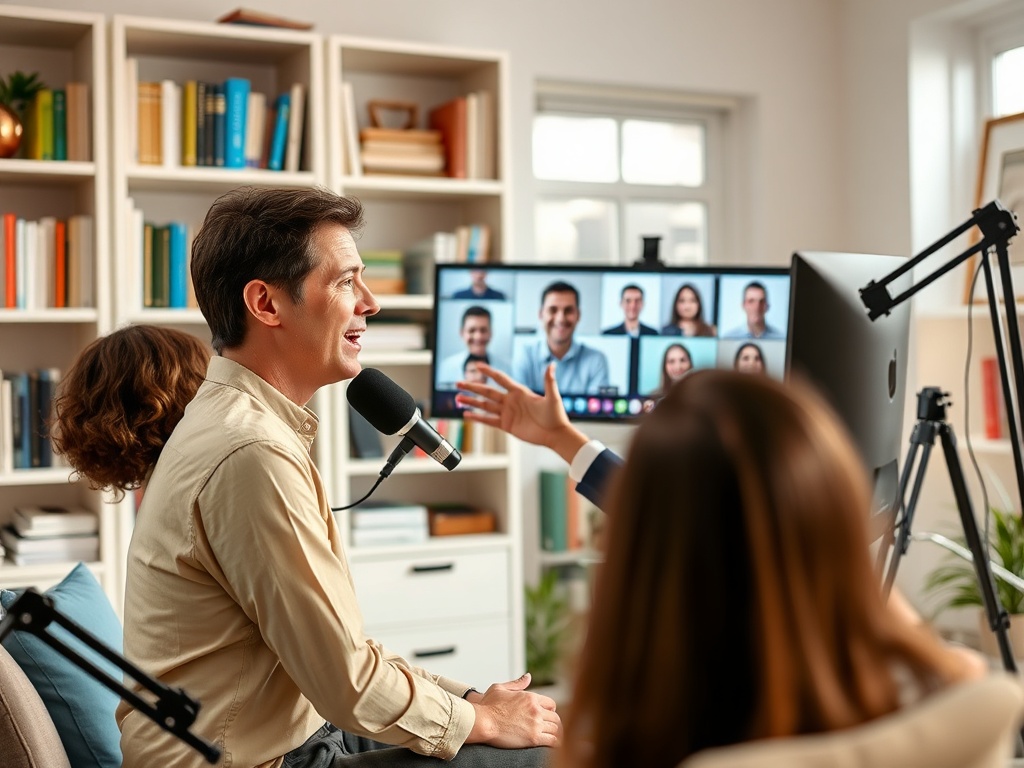 Мужчина в наушниках ведет удаленную трансляцию, обсуждая с коллегами на большом экране в домашнем офисе.