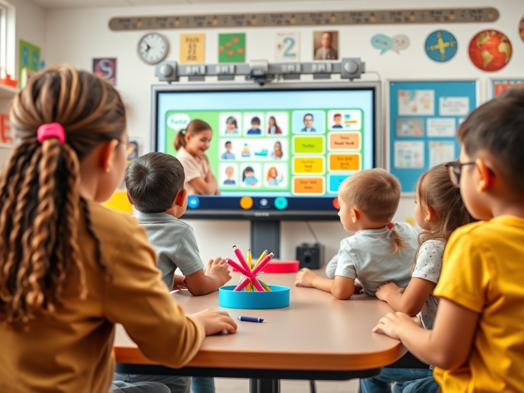 В классе дети внимательно смотрят на экран с обучающим материалом, который показывает учитель.