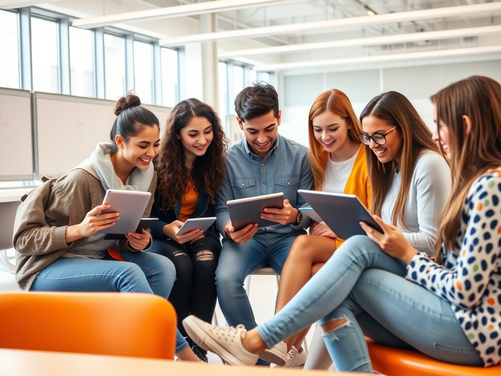 Шесть молодых людей сидят вместе, смотря на планшеты и улыбаются, наслаждаясь общением в уютной обстановке.