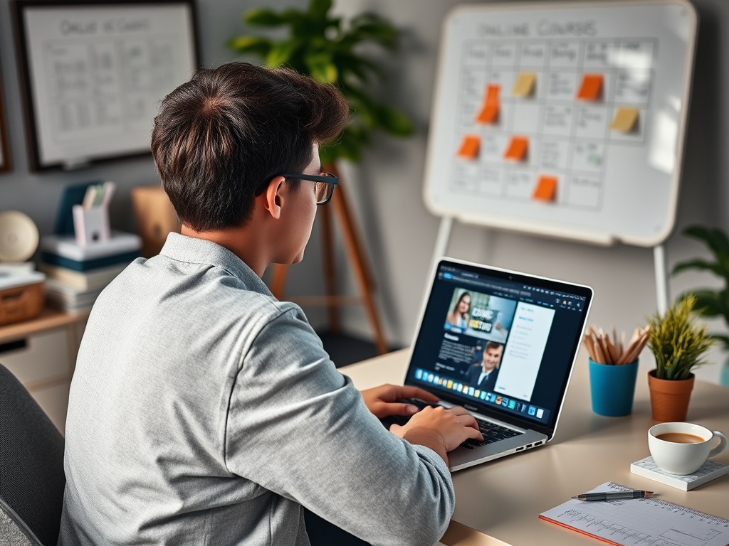 Молодой человек за компьютером в офисе, изучает онлайн-курс, на заднем плане планер с заметками.