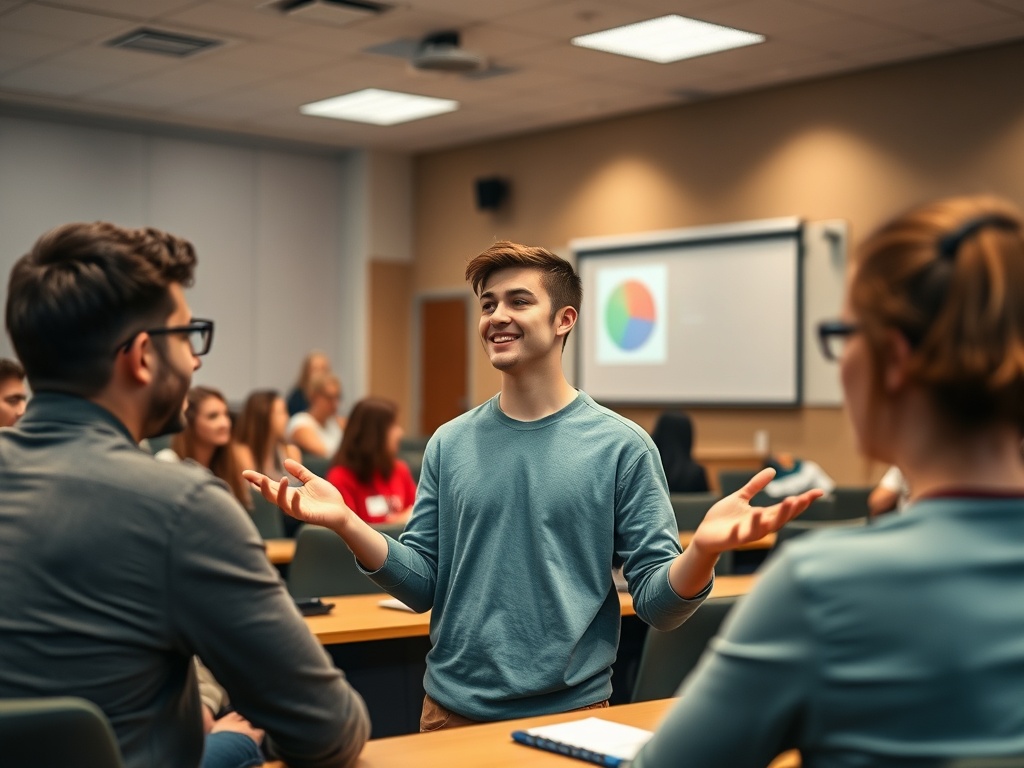 Студент ведет обсуждение с однокурсниками в классе, на заднем плане виден проектор с графиком.