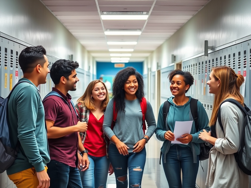 Группа студентов общается в коридоре школы, улыбаются и смеются, вокруг шкафчики.