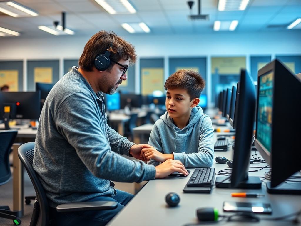 Учитель объясняет что-то ученику на компьютере в классе с несколькими рабочими местами.