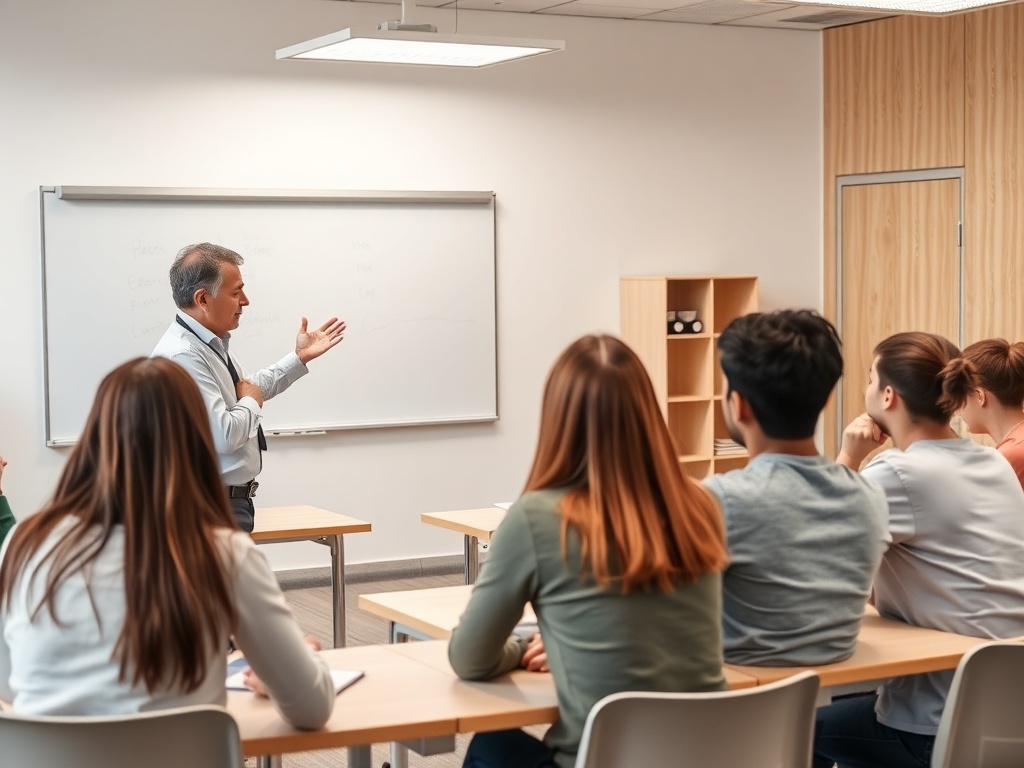 Преподаватель объясняет материал группе студентов в классе с доской и столами.