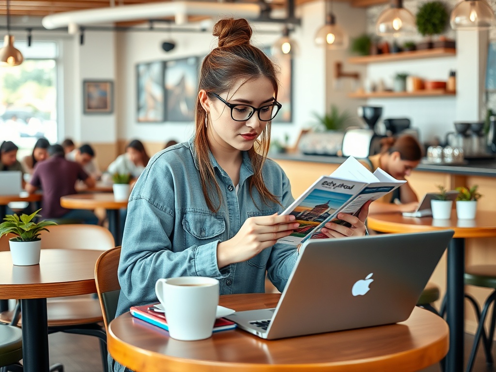 Молодая женщина в очках читает журнал в кафе, рядом с ноутбуком и чашкой кофе. В фоне другие люди.