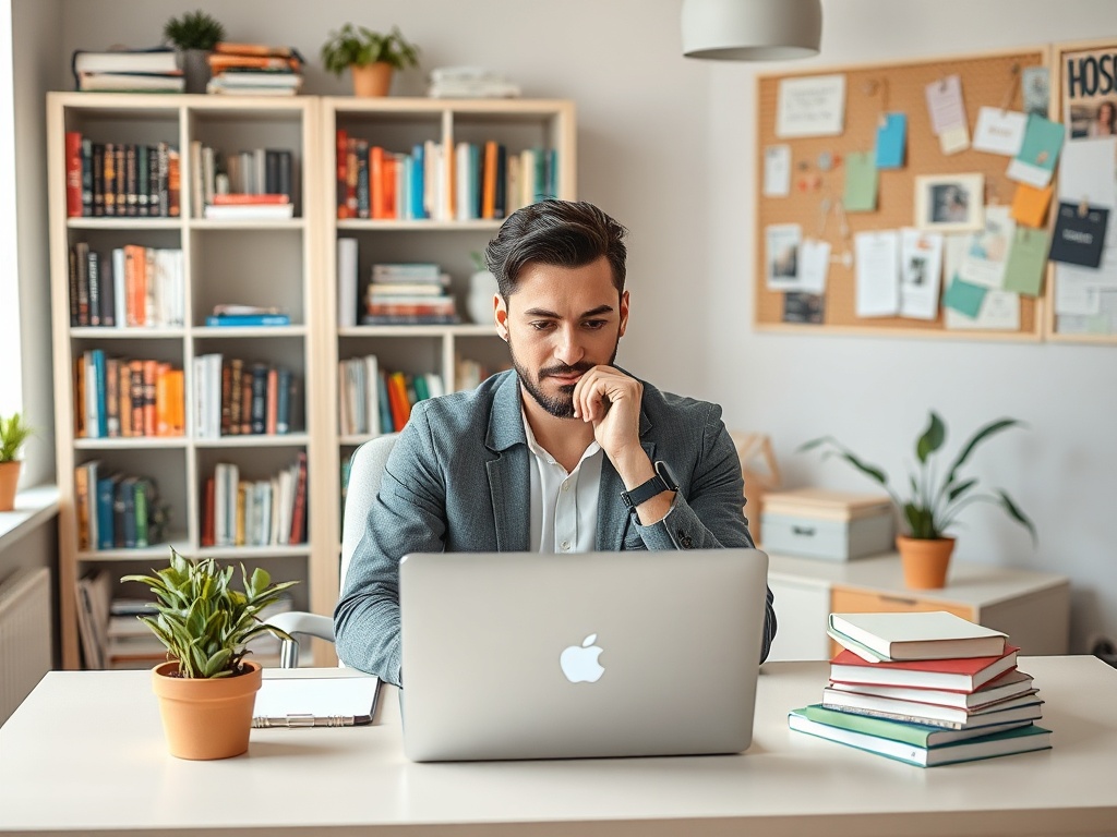 Молодой человек в офисе работает за ноутбуком, вокруг книги и растения, на стене доска с заметками.