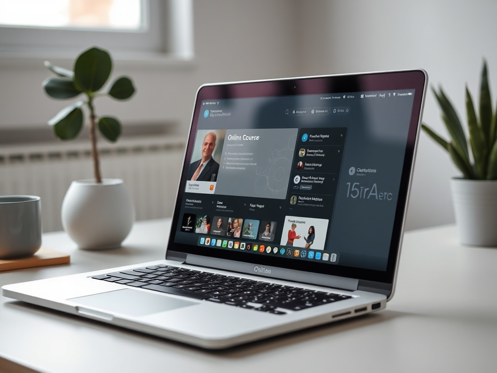 Ноутбук на столе, открыто приложение для онлайн-курсов, рядом с растениями и кружкой.