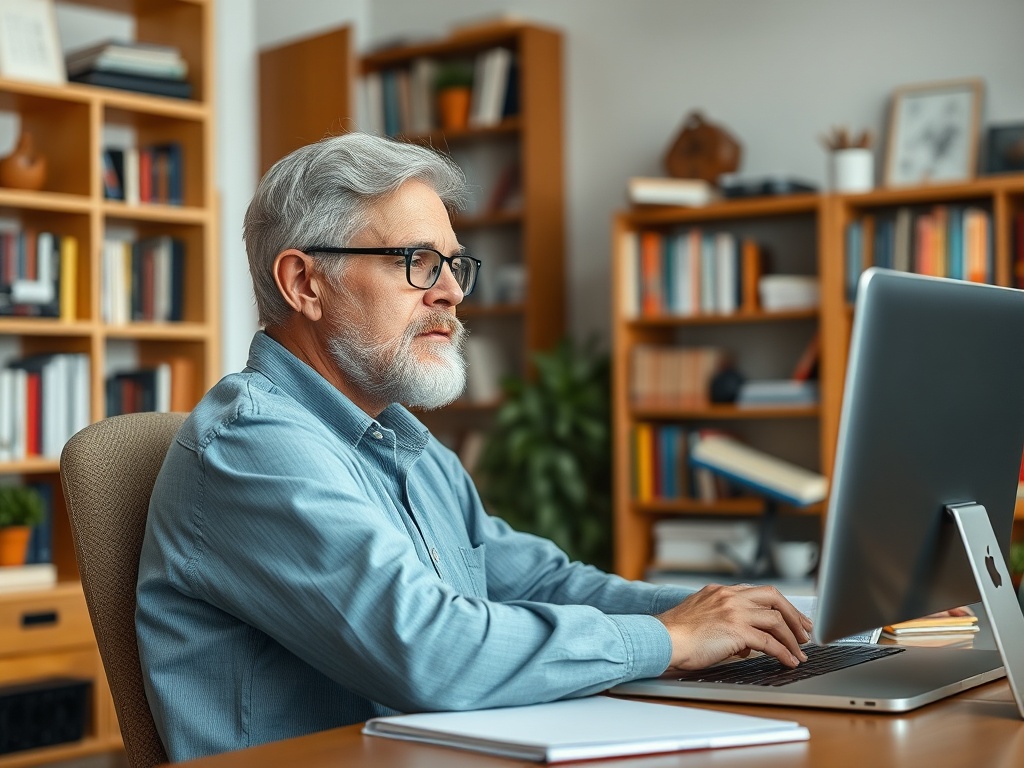 Пожилой мужчина в очках работает за компьютером в уютном офисе с книжными полками на заднем плане.