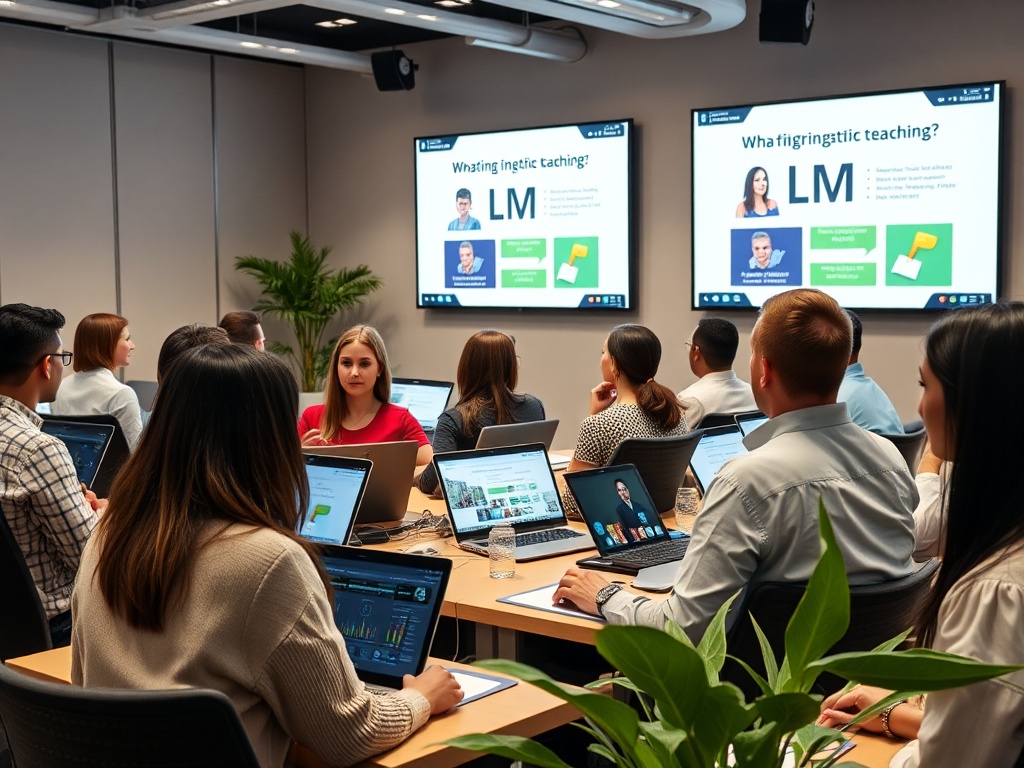 Группа людей в конференц-зале, слушающих презентацию на экранах и работающих за ноутбуками.