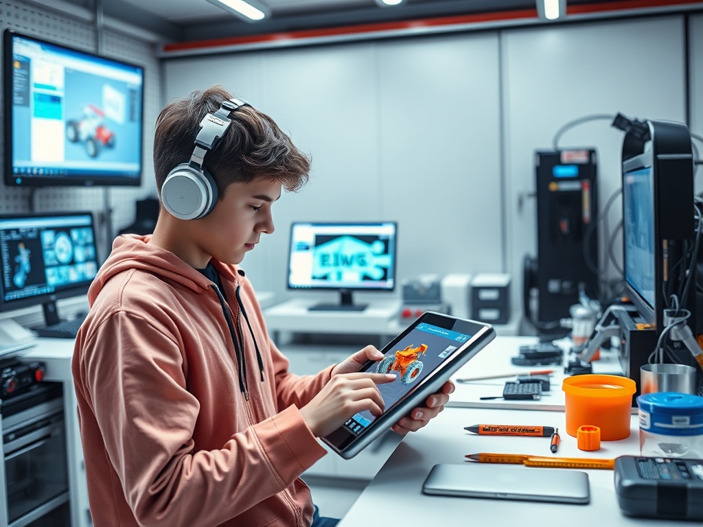 Молодой человек в наушниках работает с планшетом в лаборатории, окружённый компьютерами и инструментами.