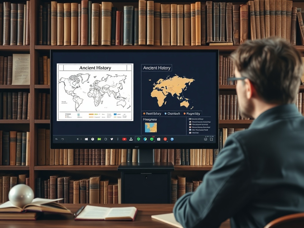 На изображении человек смотрит на экран компьютера с картами и информацией по древней истории, на фоне книг.