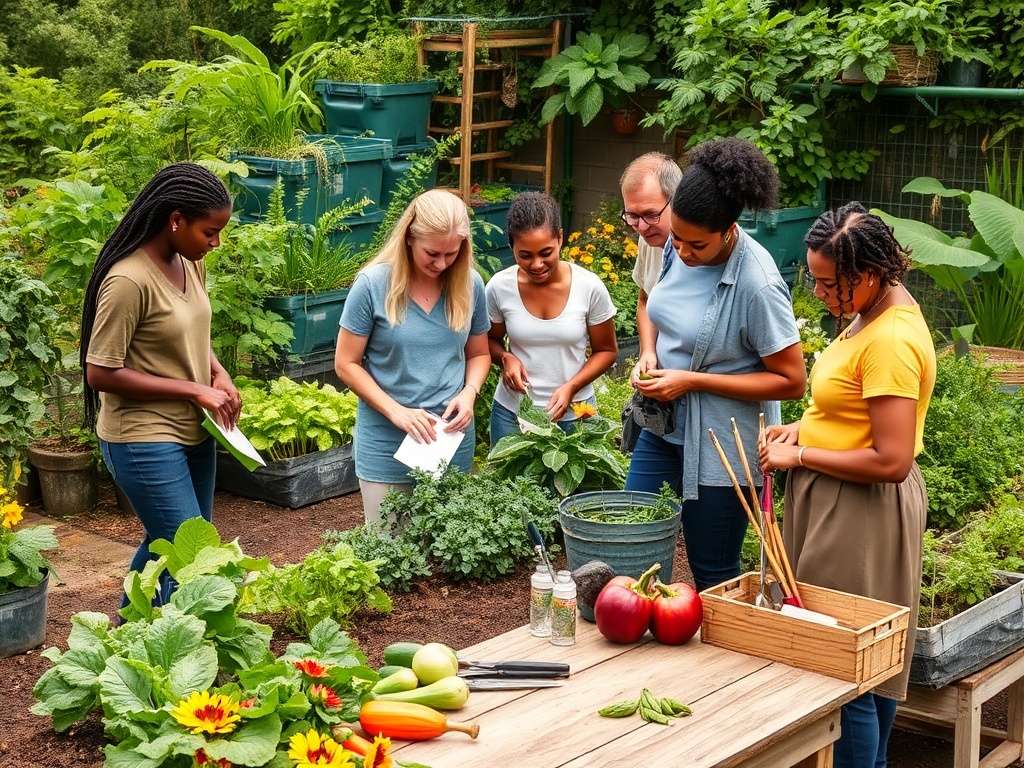 Группа людей работает в саду, общаясь и сортируя свежие овощи и травы на столе.