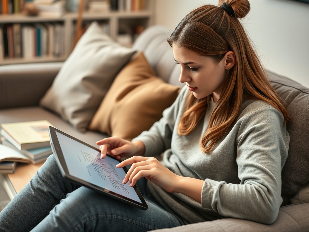 Девушка сидит на диване и использует планшет, сосредоточенно смотря на экран. Вокруг книги.