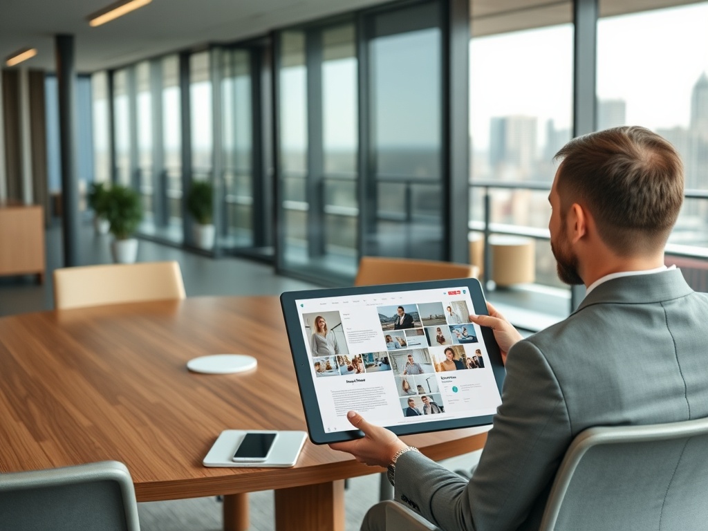 На мужчине в костюме, сидящем за столом, планшет с изображениями и текстом в современном офисе.