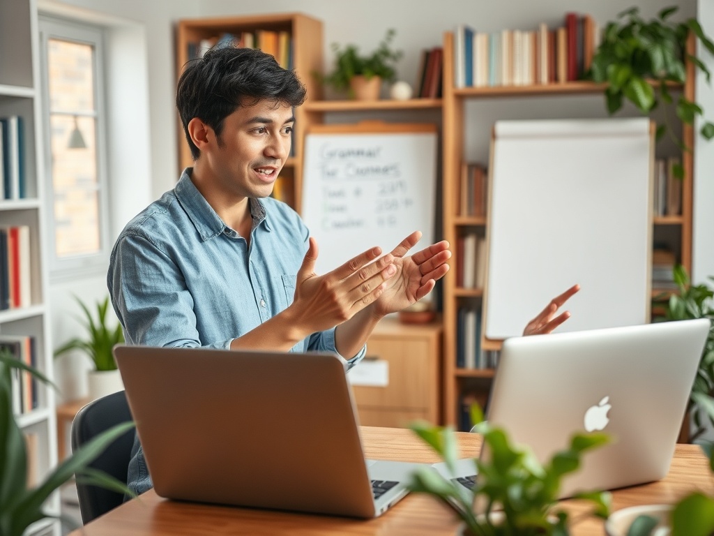 Молодой человек обсуждает что-то важное во время видеозвонка в уютном офисе с растениями.