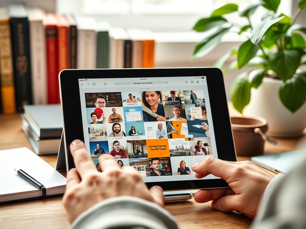 На планшете открыта страница с изображениями людей и документов на фоне книг и зелёного растения.
