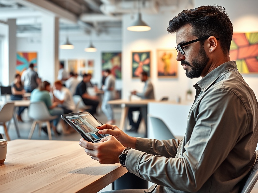 Молодой человек с планшетом в кафе, вокруг него студенческая атмосфера и люди, работающие за столами.