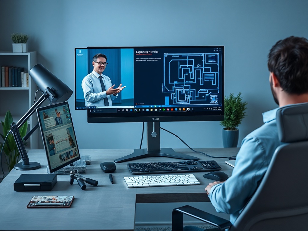 На изображении человек за столом, работающий за компьютером с двумя экранами в современном офисе.