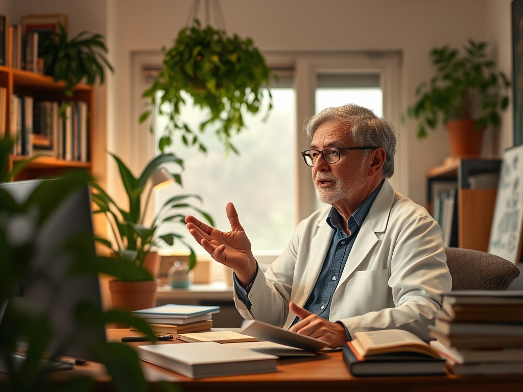 Пожилой ученый в белом халате объясняет что-то, сидя за столом среди книг и растений.