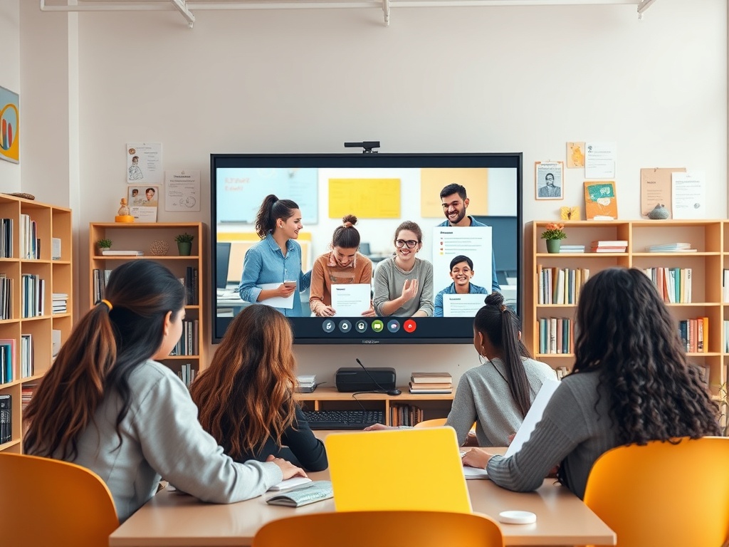 Группа людей на онлайн-занятии. Участники обсуждают материалы на экране в классе.