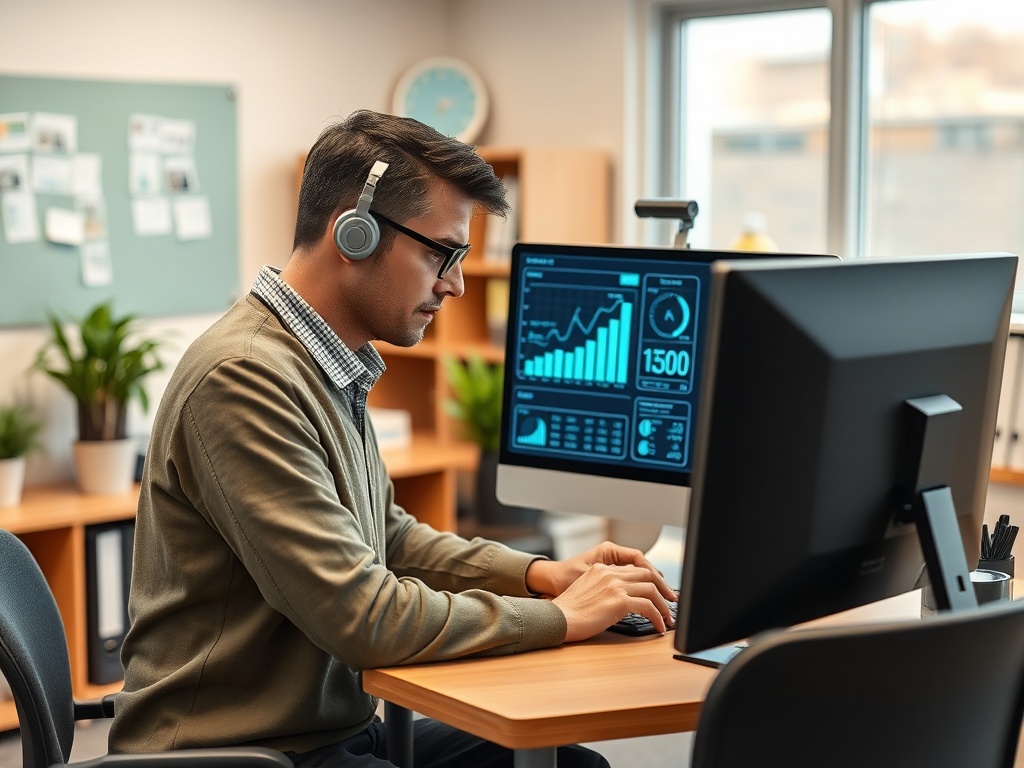 Молодой человек в наушниках работает за компьютером с графиками и данными в современном офисе.
