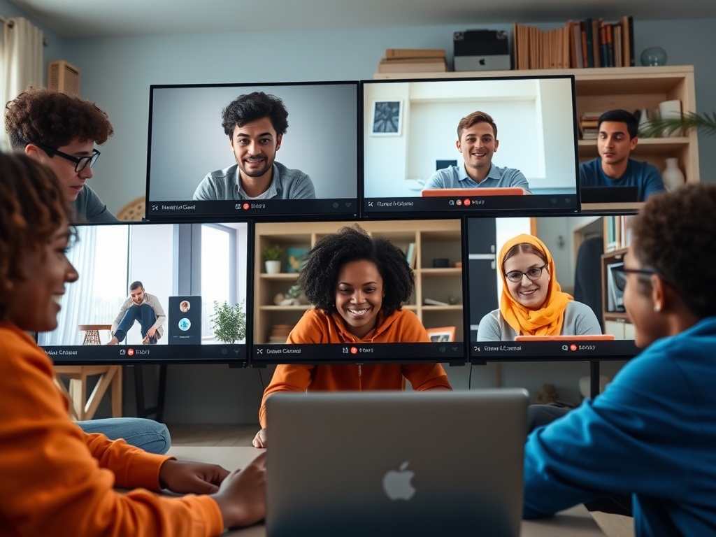 Группа людей общается через видеозвонок, сидя перед компьютерами с экранами. На лицах улыбки и заинтересованность.